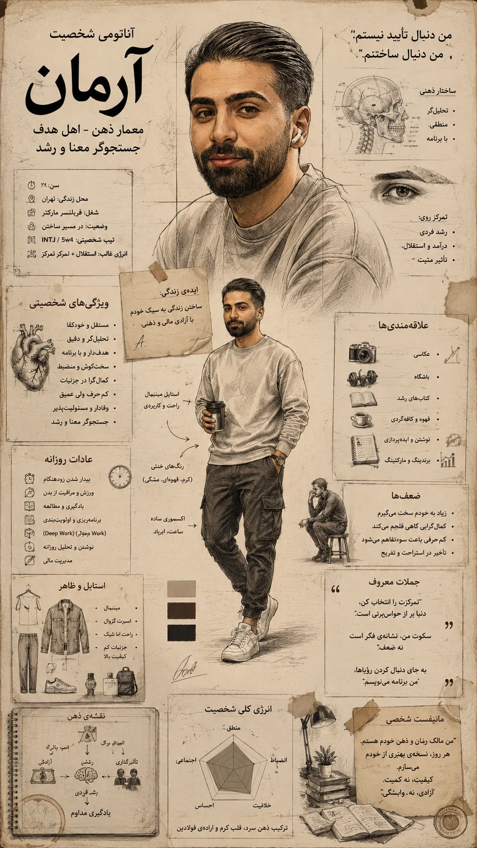 نمونه‌ی واقعی خروجی پرامپت آناتومی شخصیت در ChatGPT — پوستر شخصیت با کادر مشخصات، ویژگی‌ها، نمودار رادار و مانیفست شخصی